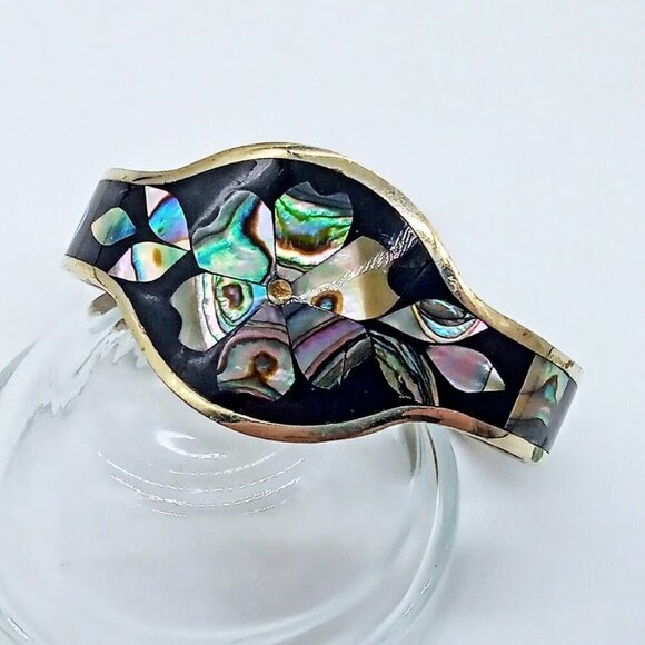 Sterling Silver Abalone Black Enamel Cuff Bracelet - Picture 1 of 5